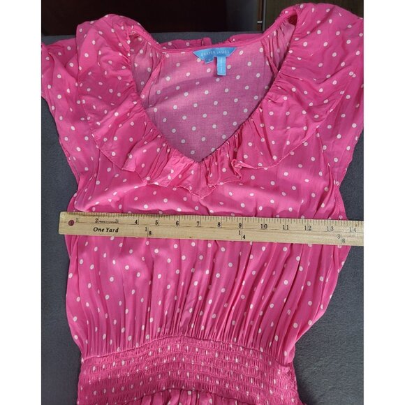 DRAPER JAMES Women's S Pink Polka Dot Flutter Sleeve Midi Dress Tiered Pockets - Picture 7 of 12